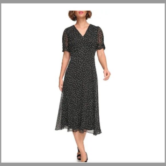 Polka Dot V-Neck Short Sleeve Midi Dress - Picture 1 of 7